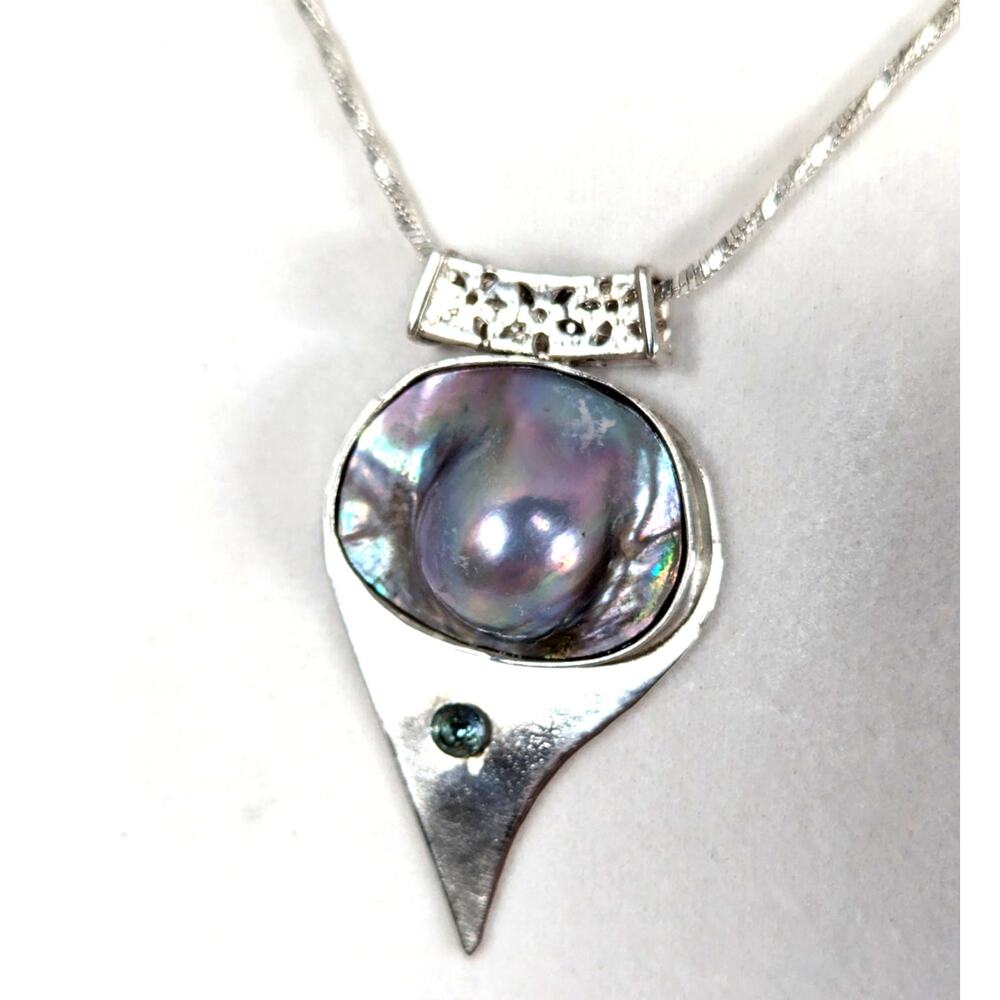 SS Mabe pearl+ blue zircon abstract pendant +19" chainPendant 11/4" x 2"Signed